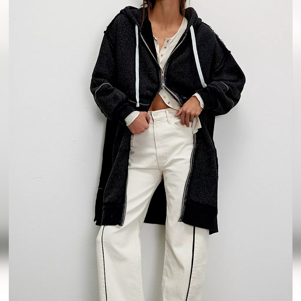 Free People We The Free Long Line Cardi Washed Black Combo - Picture 4 of 13